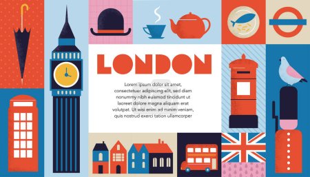 Illustration for London, Uk, England geometrical banner design. Colorful modular illustration with London buildings, umbrella, red bus, cab, telephone and more. Learn English concept design. Vector elements - Royalty Free Image