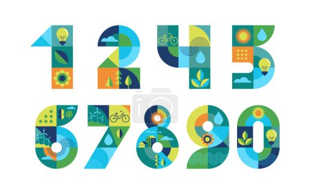 Illustration for Ecology, green, environmental numbers with icons of sustainability. Geometric modern style. Concept set of numbers. Vector illustration - Royalty Free Image