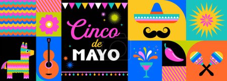 Téléchargez les photos : Cinco de Mayo design amusant coloré. Concept de fiesta mexicaine. Bannière, affiche dans un style géométrique moderne. Illustration vectorielle et design - en image libre de droit
