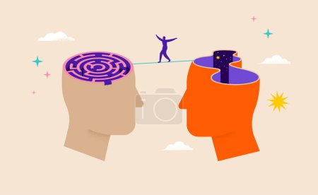 Illustration for Two human heads with tightrope walking man. Surreal, Psychology, Dream, Mental Health concept illustration. Brain, neuroscience and creative mind poster, cover. Contemporary art background and shapes - Royalty Free Image