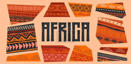 Téléchargez les photos : Concept design de la Journée de l'Afrique. Bannière du mois d'Afrique, affiche avec motifs tribaux. Illustration vectorielle dessinée des mains - en image libre de droit