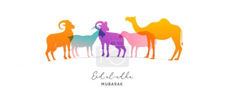 Téléchargez les photos : Design de l'Aïd Al Adha. Célébration de la fête musulmane le sacrifice. Fond coloré avec mosquée islamique et les animaux, chameau, moutons et chèvre. Illustration vectorielle - en image libre de droit