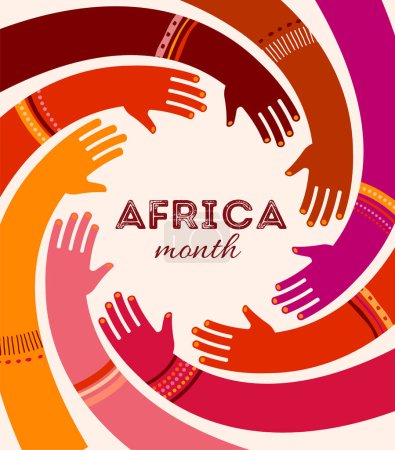 Téléchargez les photos : Affiche colorée avec cercle de mains. Journée de l'Afrique, ensemble, conception de concept communautaire. Illustration vectorielle de style minimaliste moderne - en image libre de droit