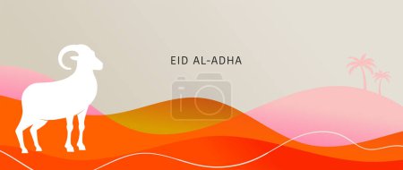 Illustration for Eid Al Adha design. Celebration of Muslim holiday the sacrifice. Colorful background with Islamic Mosque and animals, camel, sheep and goat. Vector illustration - Royalty Free Image