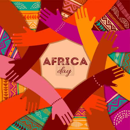 Téléchargez les photos : Affiche colorée avec cercle de mains. Journée de l'Afrique, ensemble, conception de concept communautaire. Illustration vectorielle de style minimaliste moderne - en image libre de droit