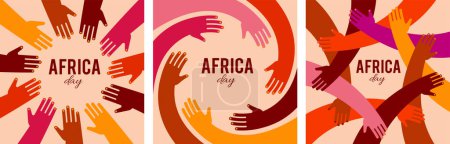 Téléchargez les illustrations : Affiche colorée avec cercle de mains. Journée de l'Afrique, ensemble, conception de concept communautaire. Illustration vectorielle de style minimaliste moderne - en licence libre de droit