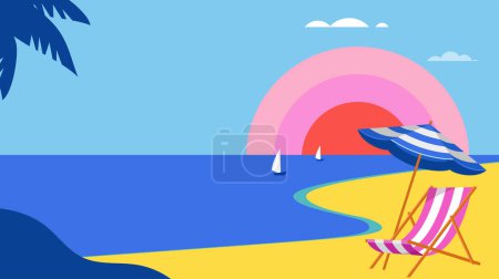 Téléchargez les photos : Conception de concept été et voyage. Paysage propre de mer, plage, parasol et chaises longues. Belle feuille de palmier de la nature sur la plage tropicale avec lumière du soleil fond abstrait avec espace de copie. Vecteur - en image libre de droit
