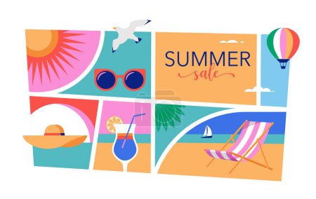 Illustration for Colorful Geometric Summer and Travel Background, poster, banner. Summer time fun concept design promotion design. Vector illustration - Royalty Free Image