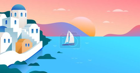 Illustration for Summer and Travel concept design. Greece island landscape, panoramic view. Beautiful nature with beach and sun light, abstract background with copy space. Vector illustration and design - Royalty Free Image