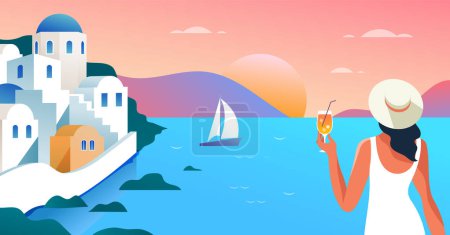 Téléchargez les photos : Conception de concept été et voyage. Grèce île avec jeune femme tenant un cocktail debout et regardant le paysage. Belle feuille de palmier nature sur la plage tropicale avec fond abstrait lumière du soleil - en image libre de droit