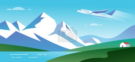 Illustration for Beautiful abstract landscape with mountains and sea, panoramic view illustration. Summer, nature, travel concept design with copy space. Vector illustration - Royalty Free Image