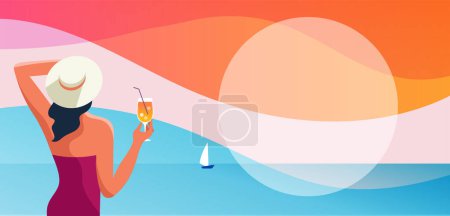 Ilustración de Diseño de concepto de verano y viajes. Mujer joven de pie y mirando el paisaje. Hermosa hoja de palma natural en la playa tropical con luz solar fondo abstracto con espacio de copia. Diseño vectorial y - Imagen libre de derechos