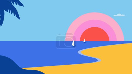 Ilustración de Diseño de concepto de verano y viajes. Paisaje limpio de mar y playa. Hermosa hoja de palma natural en la playa tropical con luz solar fondo abstracto con espacio de copia. Diseño e ilustración vectorial - Imagen libre de derechos
