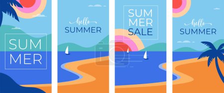 Illustration for Colorful Geometric Summer and Travel Background, story templates, cards, posters, banners. Summer time fun concept design promotion design and vector illustration - Royalty Free Image