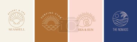 Téléchargez les photos : Logos linéaires bohèmes, icônes et symboles, mer, océan, plage et surf. Modèles de conception de soleil, coquillage et paume, éléments de conception abstraits géométriques pour la décoration. Illustration vectorielle - en image libre de droit