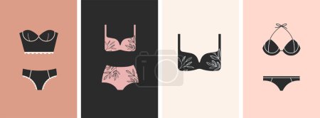 Illustration for Elegant, luxury lingerie, bra, underwear and swimwear logos collection. Hand drawn minimalist illustrations, boho style logos. Vector design - Royalty Free Image