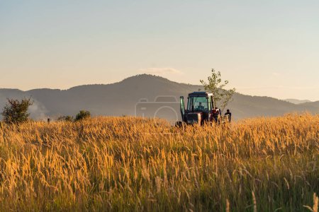 Téléchargez les photos : Tracteur vert labourant champ de céréales avec ciel nuageux. Photo de haute qualité - en image libre de droit
