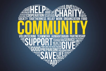 Community word cloud in a heart shape. Concept about togetherness, volunteering, charity, or humanitarian relief aid work.