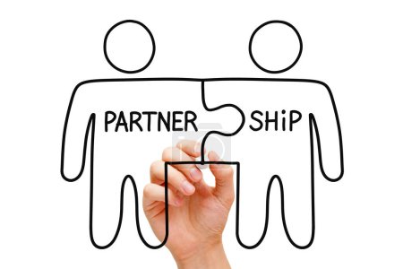 Handzeichnung zweier Figuren Puzzle mit Marker auf transparentem Wischbrett. Geschäftskonzept über Partnerschaft, Teamwork, Kooperation oder Zusammenarbeit.