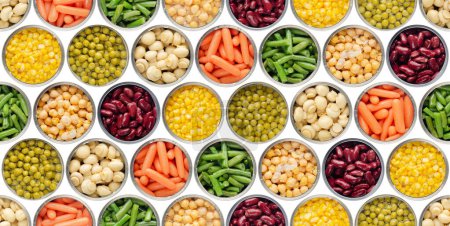 Seamless food background made of opened canned chickpeas, green sprouts, carrots, corn, peas, beans and mushrooms on white background