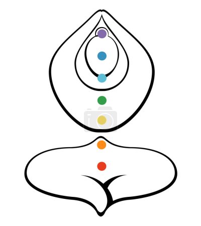 Foto de Los contornos de un hombre en yoga posan con colores chakra sobre un fondo blanco. Diseño de ideas de moda para póster, pancarta. - Imagen libre de derechos