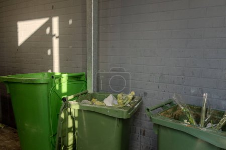 Foto de Recipientes de basura con brócoli y verduras en envases de plástico cerca de una tienda de comestibles. - Imagen libre de derechos