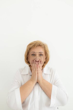 Photo for Close up of terrified mature woman look, scared senior female retiree feel scared frightened, face strong fear or anxiety at home, having panic attack. Senior woman looking at camera, copy space. - Royalty Free Image