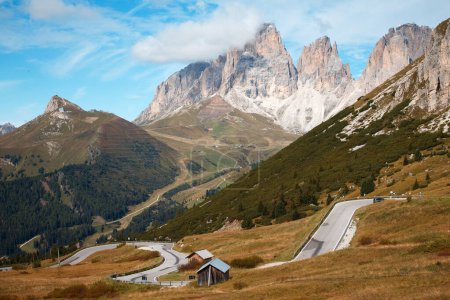 Passo Pordoi. Mountain road - serpentine in the mountains Dolomites, Ital