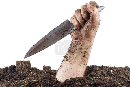 Photo for Hand of dead climbs out of the grave and hold knife isolated on white background - Royalty Free Image