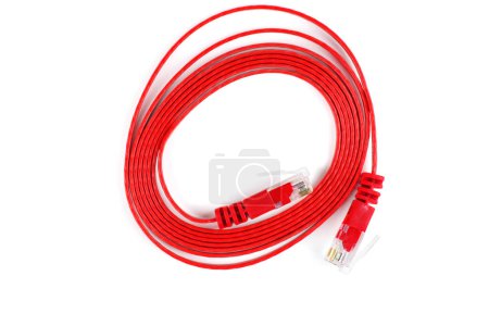 Flat red ethernet (copper, RJ45) patchcord isolated on white background