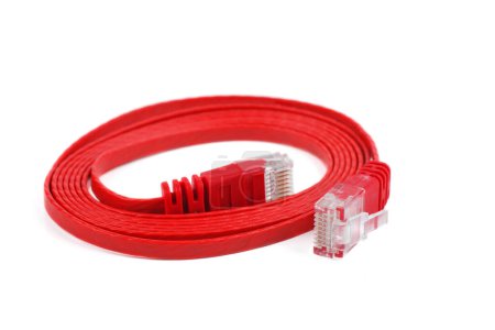 Photo for Flat red ethernet (copper, RJ45) patchcord isolated on white background - Royalty Free Image