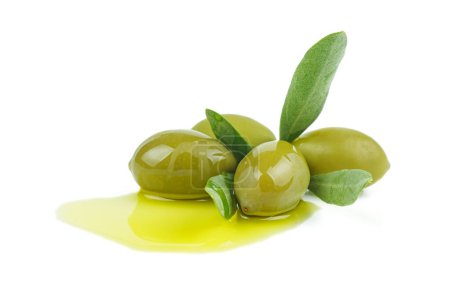 Photo for Delicious oil, and olives isolated on white background - Royalty Free Image