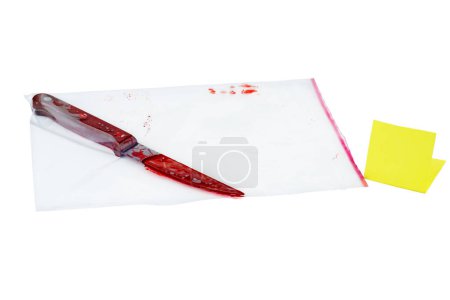 Photo for Kitchen knife covered with blood in plastic zip-lock packet isolated on white background - Royalty Free Image