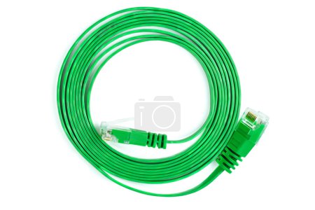 Foto de Patchcord plano de Ethernet verde (cobre, RJ45) aislado sobre fondo blanco - Imagen libre de derechos