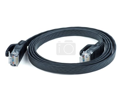 Photo for Flat black ethernet (copper, RJ45) patchcord isolated on white background - Royalty Free Image