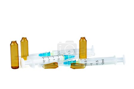 Photo for Three used syringes and ampules isolated on white background - Royalty Free Image