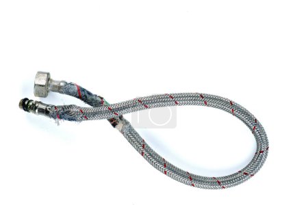 Photo for Old damaged armored cold water hose isolated on white background - Royalty Free Image