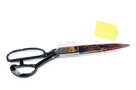 Foto de Big metal scissors covered with blood isolated on white background - Imagen libre de derechos