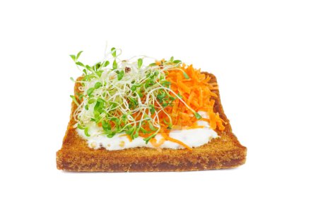 Foto de Brotes de alfalfa verde, zanahoria fresca sobre rebanadas tostadas de pan integral sobre fondo blanco - Imagen libre de derechos