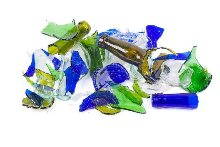 Photo for Pile of shattered bottles different colors isolated on the white background - Royalty Free Image
