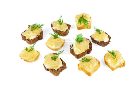 Foto de Bread pieces with delicious cod caviar on white background - Imagen libre de derechos