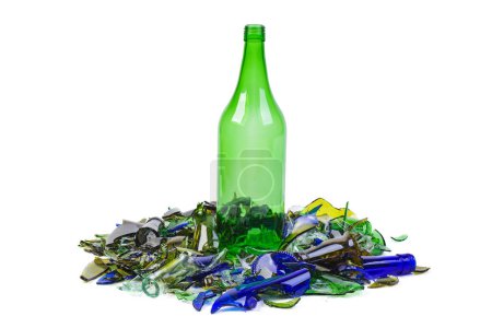 Photo for Big vine bottle pile of shattered bottles different colors isolated on the white background - Royalty Free Image