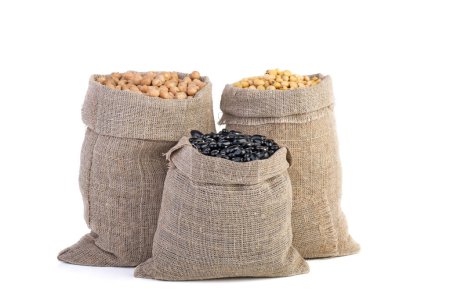 Téléchargez les photos : Jute sacks with dried peas, soja beans and black legume isolated on white background - en image libre de droit