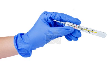 Hand in medical glove hold mercury thermometer with high temperature isolated on a white background