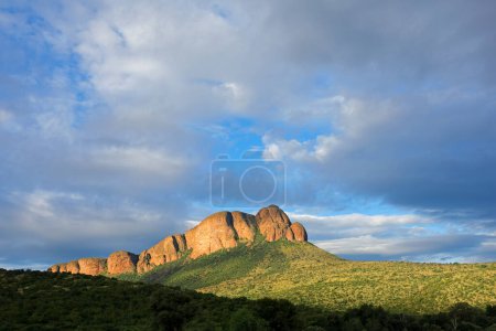 Téléchargez les photos : Paysage montagneux panoramique avec ciel nuageux, Parc national Marakele, Afrique du Sud - en image libre de droit