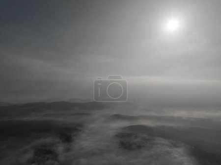 Photo for Aerial drone footage of misty fog blowing over pine tree forest on a beautiful morning. Aerial footage of spruce forest trees on the mountain hills. Copy space natural background. Hi quality 4K video - Royalty Free Image
