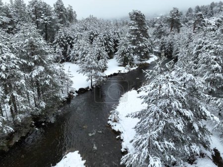 Téléchargez les photos : An aerial view of a frozen river flowing through snow-covered forests on a cloudy sunset sky background. Hi quality 4K footage. - en image libre de droit