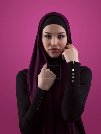 Photo for Modern Muslim woman wearing stylish hijab casual wear isolated on pink background. Diverse people model hijab fashion concept. High quality photo - Royalty Free Image