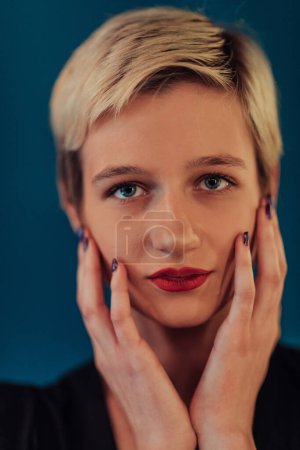 Photo for Photo Beautiful businesswoman, successful confident young woman posing with hands on face. Selective focus. - Royalty Free Image