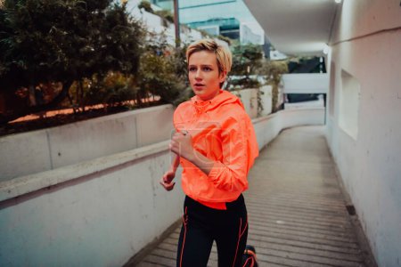 Téléchargez les photos : Women in sports clothes running in a modern urban environment et night time. The concept of a sporty and healthy lifestyle. - en image libre de droit